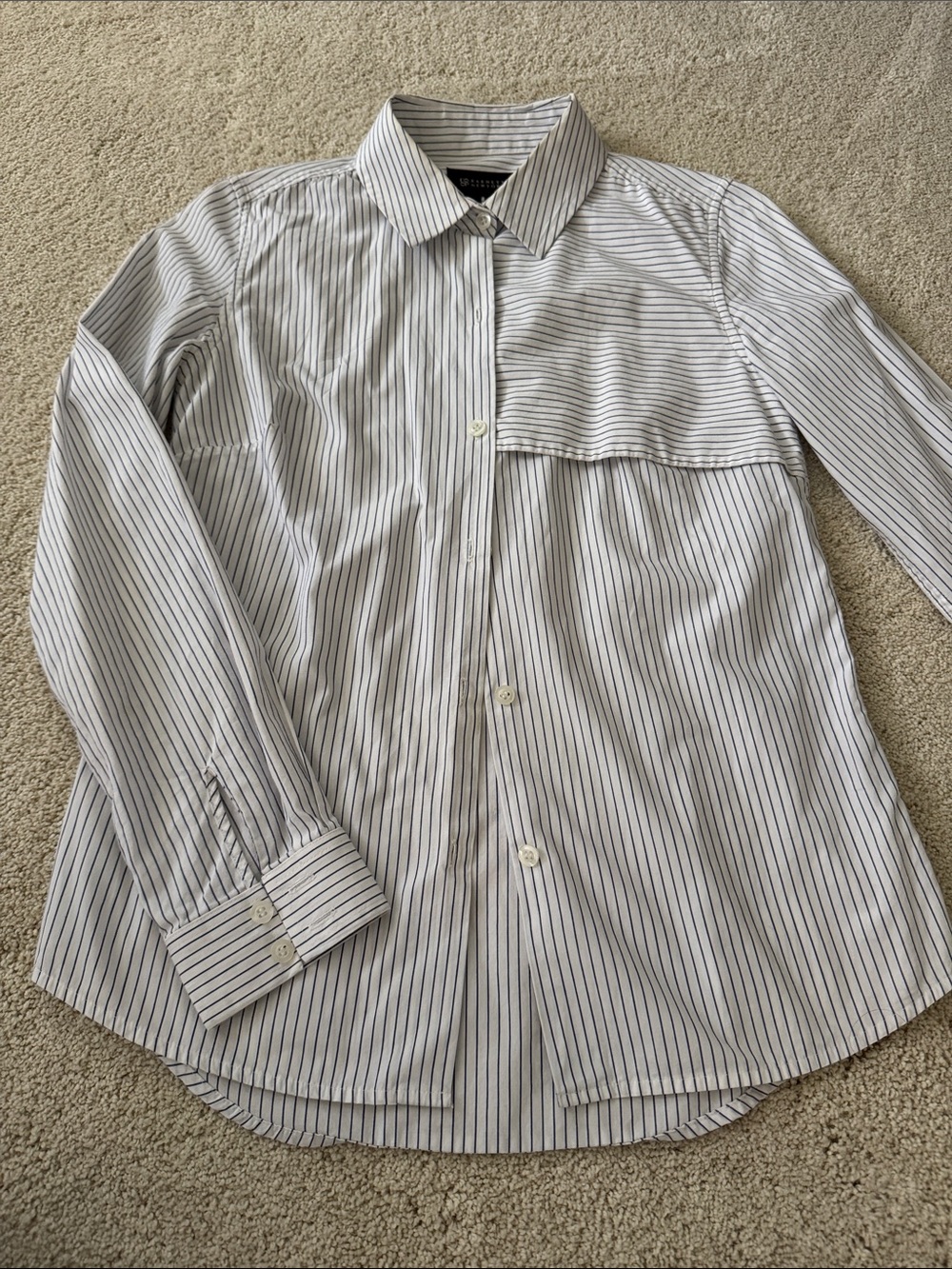 Barneys New York CO-OP White Shirt with Thin Navy Stripes